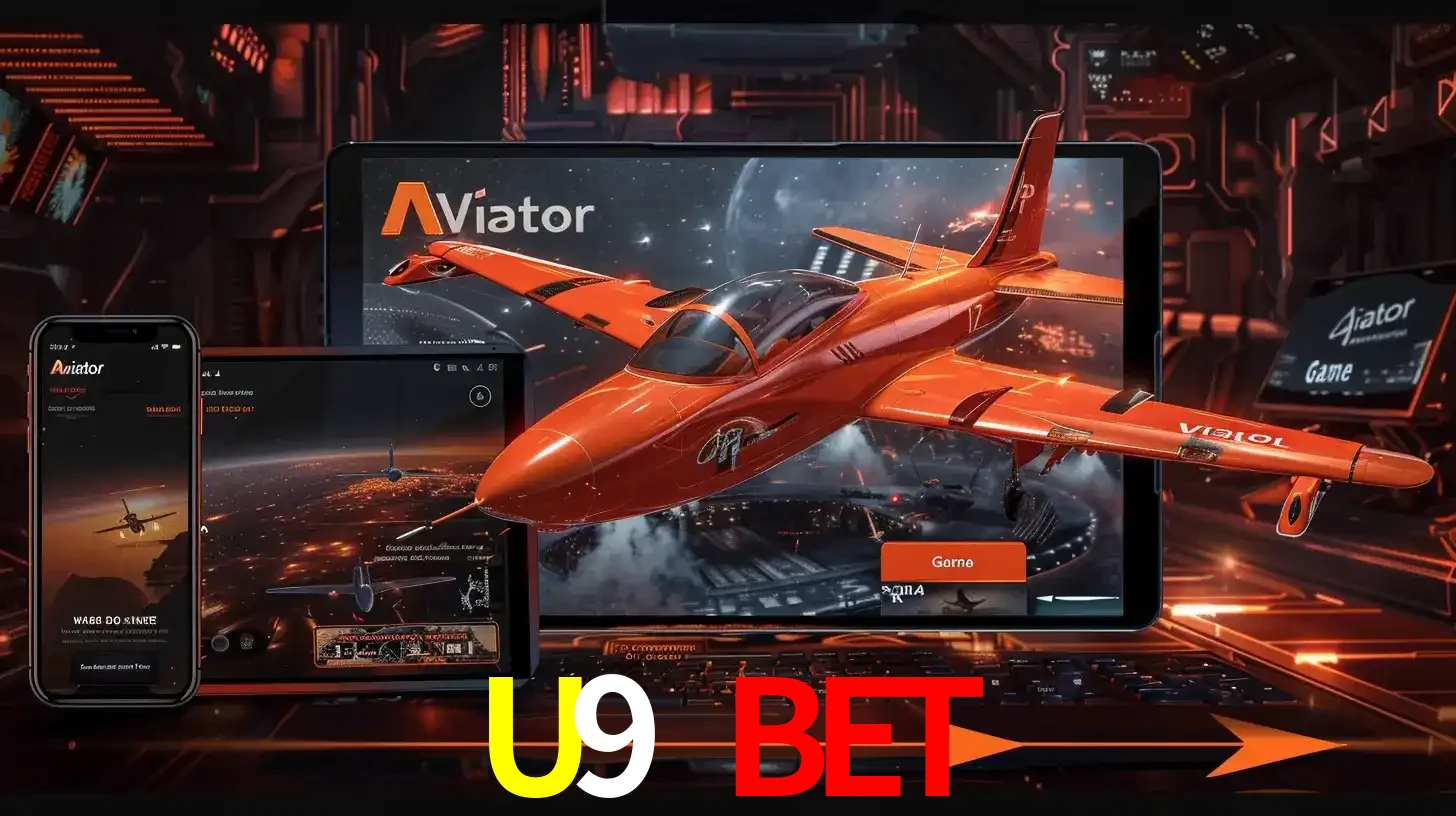 Apresentação tecnológica do jogo Aviator com um avião saindo da tela de um tablet, demonstrando a experiência imersiva em múltiplos dispositivos no U9 BET.