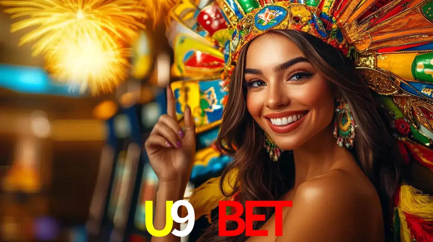 Mulher sorridente com um cocar de carnaval vibrante e colorido, celebrando uma grande vitória nos jogos do cassino U9 BET com fogos de artifício ao fundo.