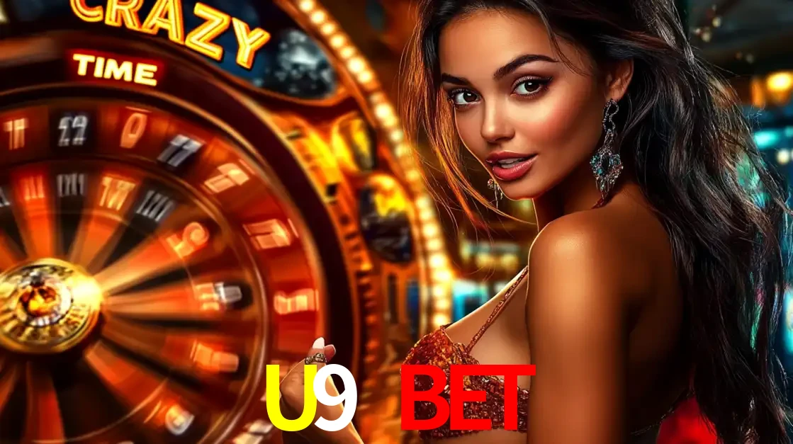 Mulher ao lado da roda de prêmios do jogo de cassino ao vivo Crazy Time, um dos shows de jogos mais emocionantes oferecidos pela plataforma de apostas U9 BET.