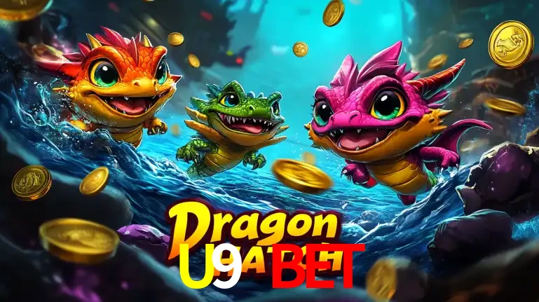Arte promocional do jogo Dragon Hatch com três adoráveis dragões bebês nadando entre moedas de ouro, um dos slots mais divertidos para jogar no cassino U9 BET.