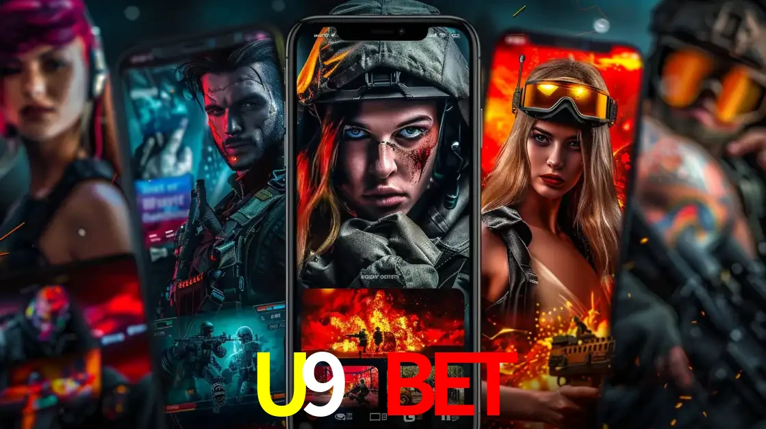 Montagem de telas de celular mostrando diversos personagens, masculinos e femininos, de um jogo de tiro, ilustrando a diversidade de equipes de e-sports para apostar no U9 BET.