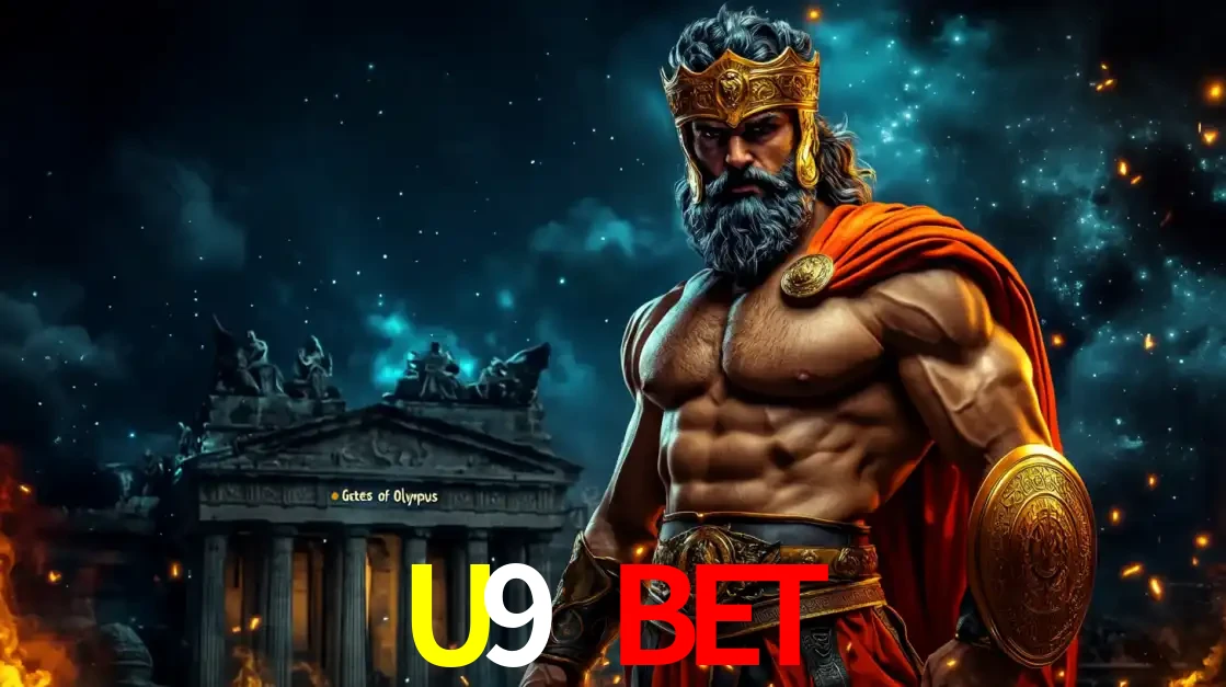 O poderoso Zeus do jogo de slot Gates of Olympus em frente ao seu templo, pronto para lançar multiplicadores divinos e prêmios épicos no cassino online U9 BET.