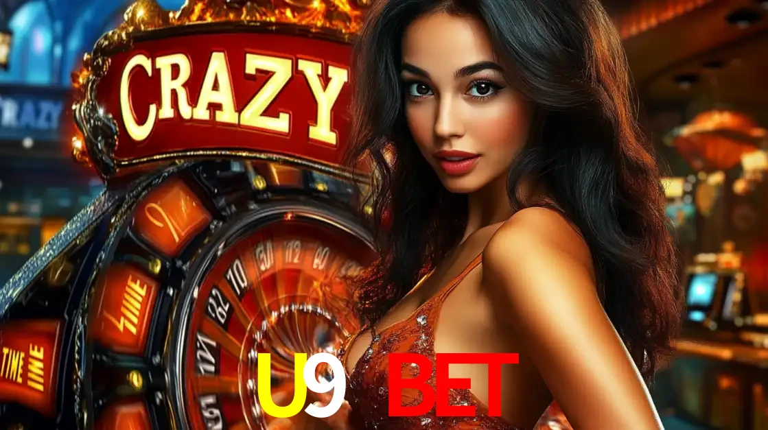 Mulher glamourosa olhando para a câmera com a roda vermelha do Crazy Time ao fundo em um ambiente de cassino, destacando a emoção dos jogos ao vivo no U9 BET.