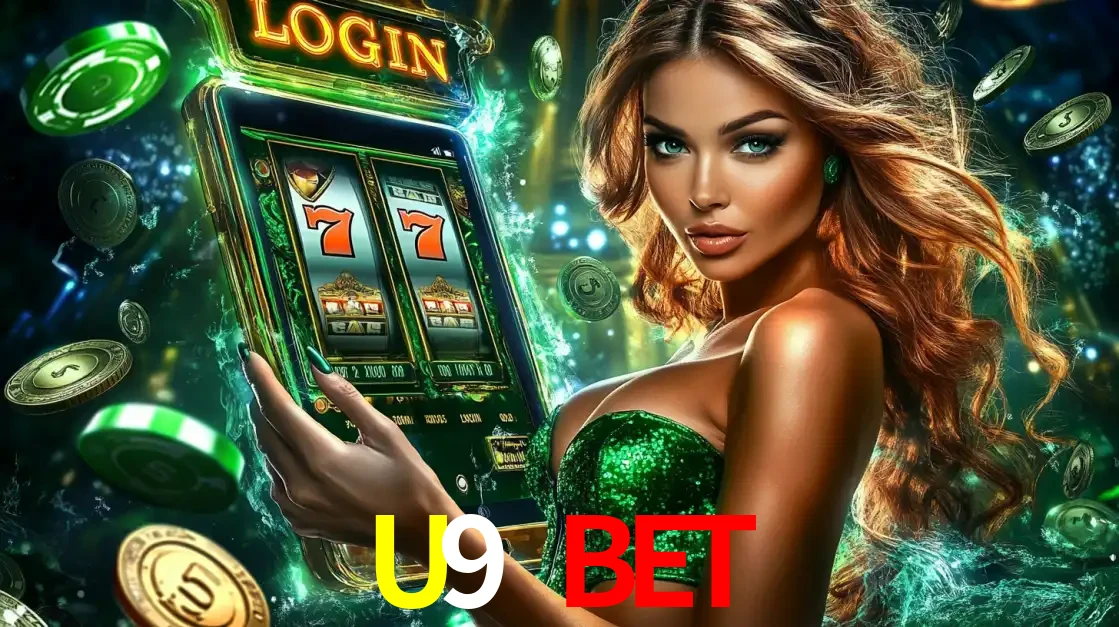 Mulher com tema verde apresentando o aplicativo do cassino U9 BET com um jogo de slot de 777, cercada por fichas de cassino e uma aura de sorte.