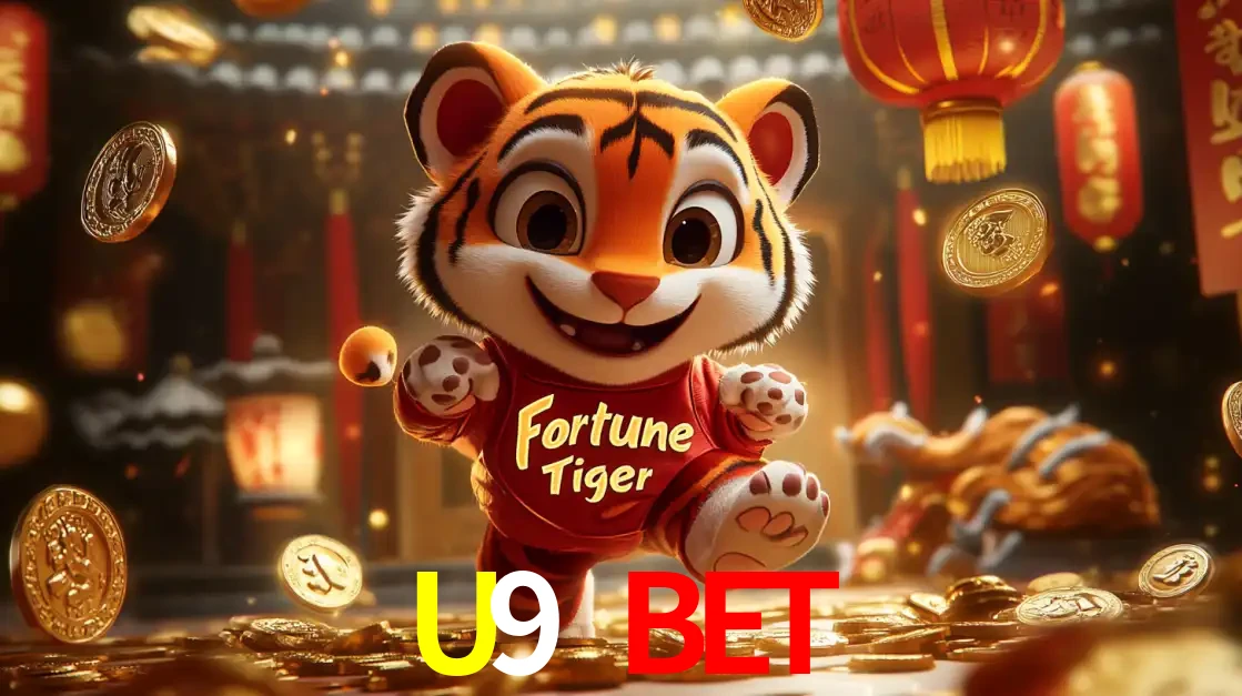 O alegre personagem do Fortune Tiger correndo sobre um caminho de moedas de ouro, simbolizando os grandes prêmios e a diversão do popular jogo de slot do U9 BET.