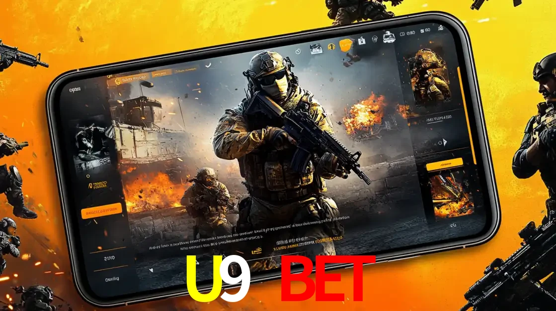 Um smartphone exibindo a interface de um jogo de tiro em primeira pessoa, com um soldado em um cenário de batalha, representando a ação dos e-sports para apostar no U9 BET.