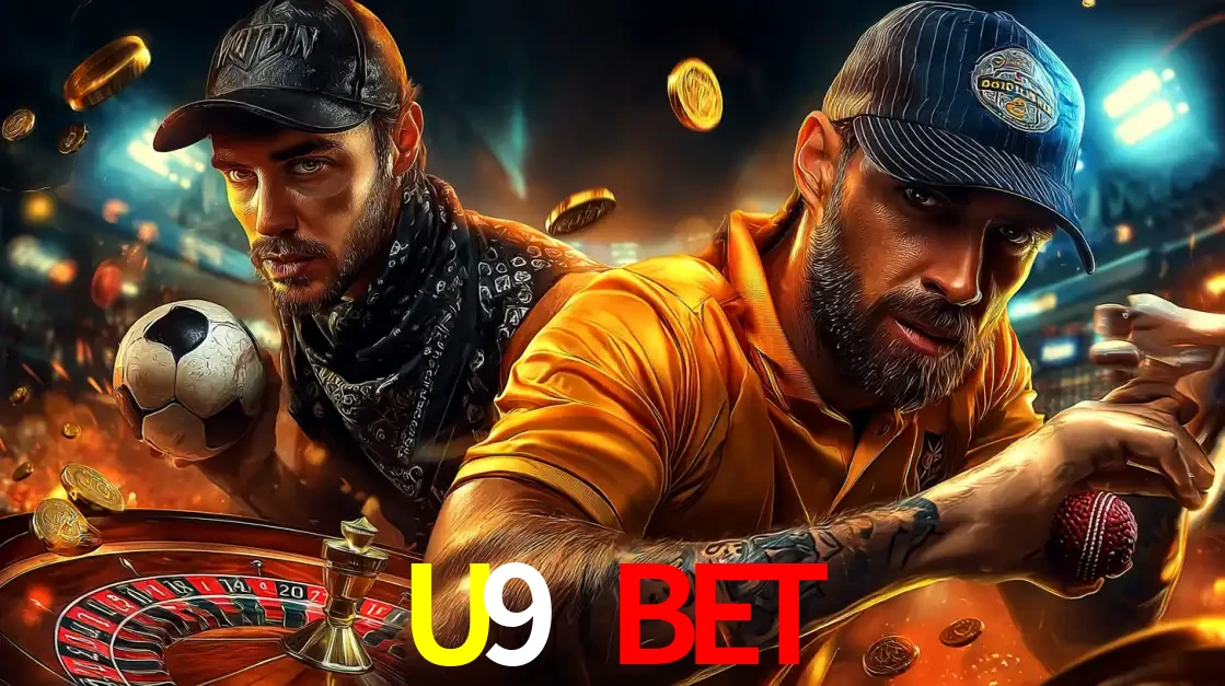 Montagem de apostas esportivas e cassino no U9 BET, com um homem segurando uma bola de futebol e outro uma de beisebol sobre uma roleta e moedas voadoras.