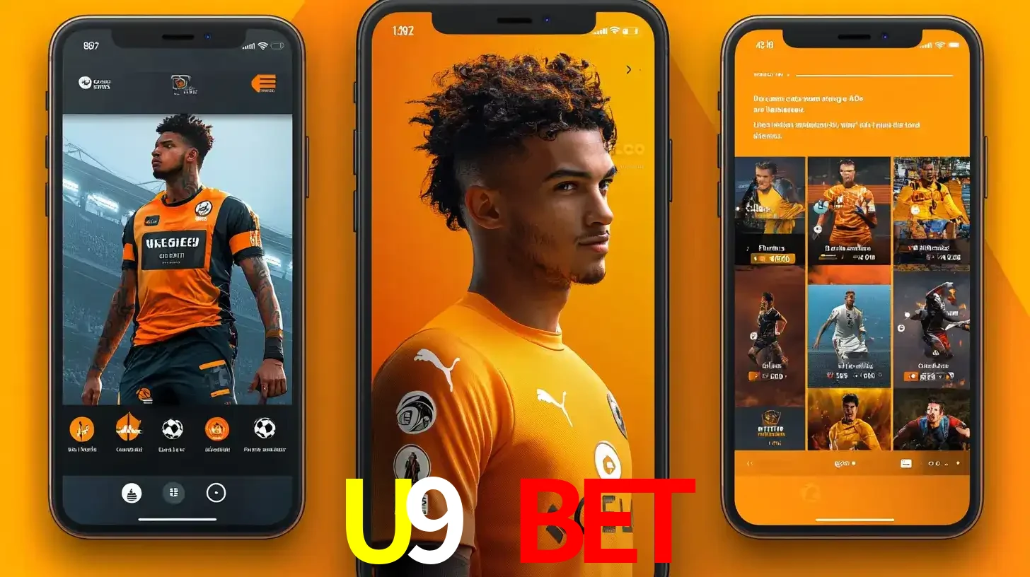 Interface do aplicativo de apostas esportivas U9 BET em três telas de celular, mostrando o perfil de um jogador de futebol e a lista de jogos disponíveis para apostar.