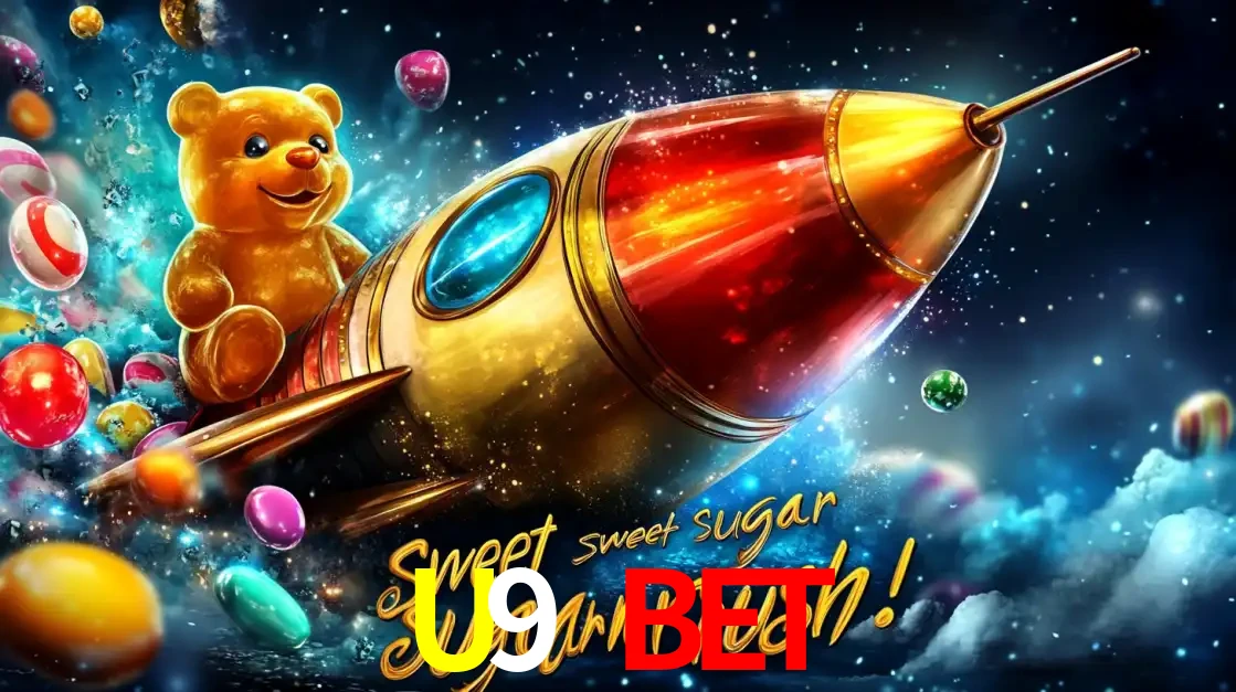 Arte promocional do jogo de slot Sugar Rush, com um urso de pelúcia em um foguete viajando pelo espaço de doces, um dos jogos divertidos disponíveis no cassino U9 BET.