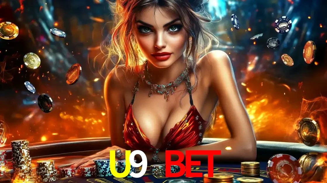 Mulher em uma mesa de cassino com pilhas de fichas e um fundo de fogo, pronta para uma rodada de altas apostas nos jogos de mesa emocionantes do cassino U9 BET.