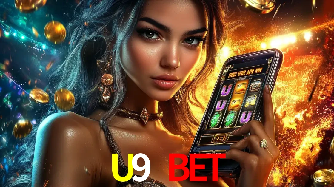 Mulher elegante mostrando um jogo de caça-níqueis em seu smartphone, destacando a experiência de cassino móvel oferecida pelo aplicativo U9 BET.