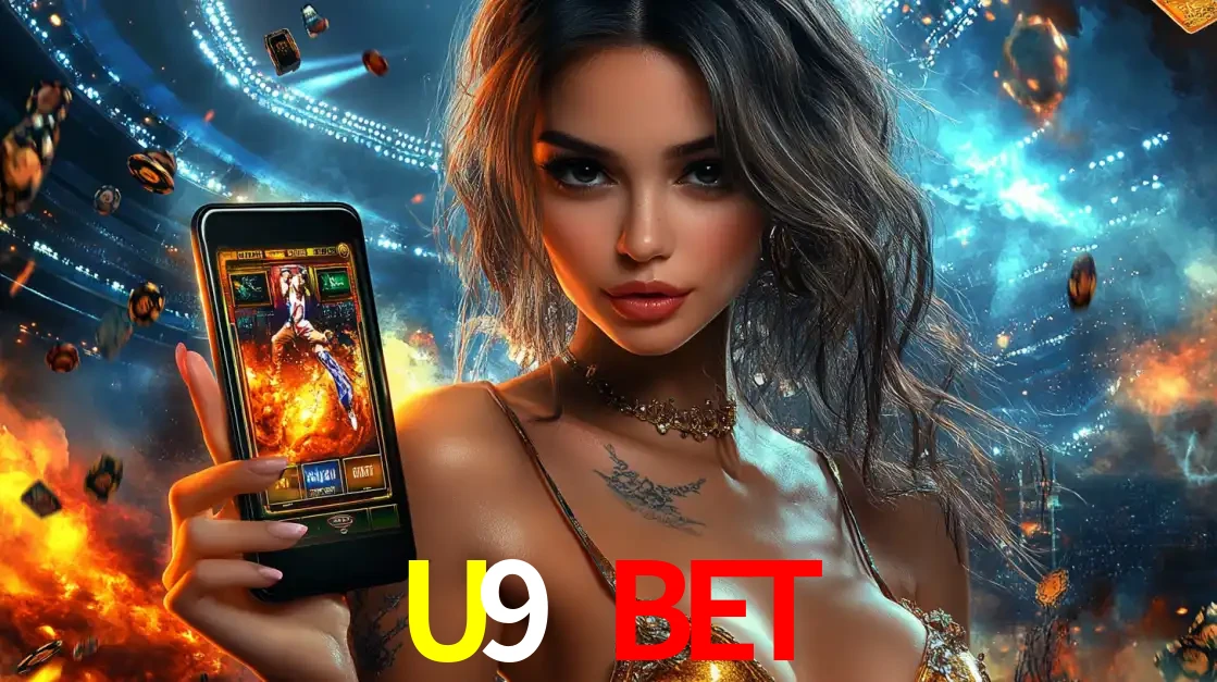 Mulher segurando um celular com um jogo de slot em destaque, tendo como fundo um estádio vibrante, simbolizando a emoção de jogar no cassino móvel U9 BET.