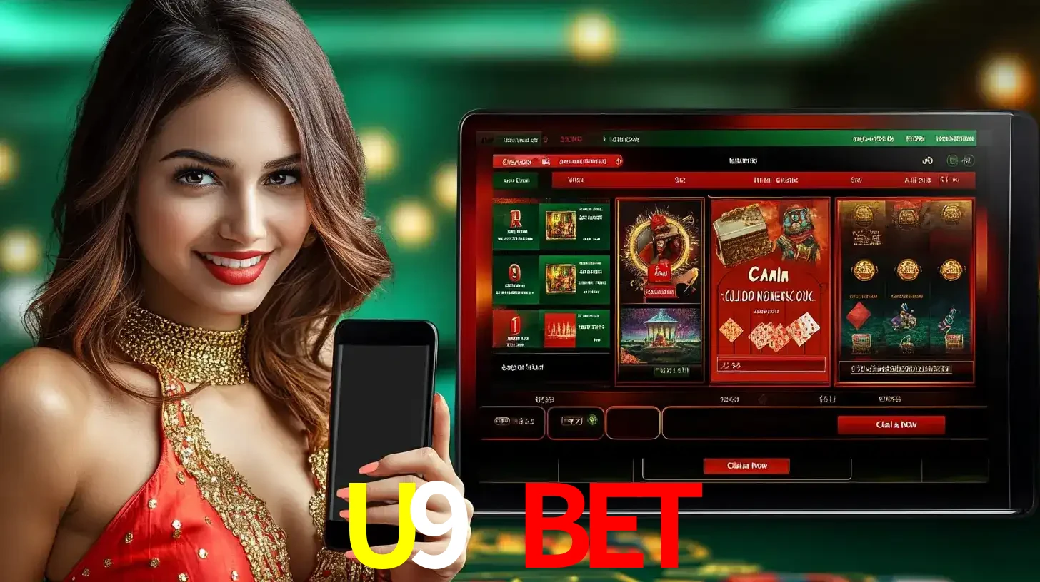 Mulher sorridente segurando um smartphone, ao lado de uma tela exibindo o lobby de jogos do cassino online U9 BET, com várias opções de jogos de cartas e slots.